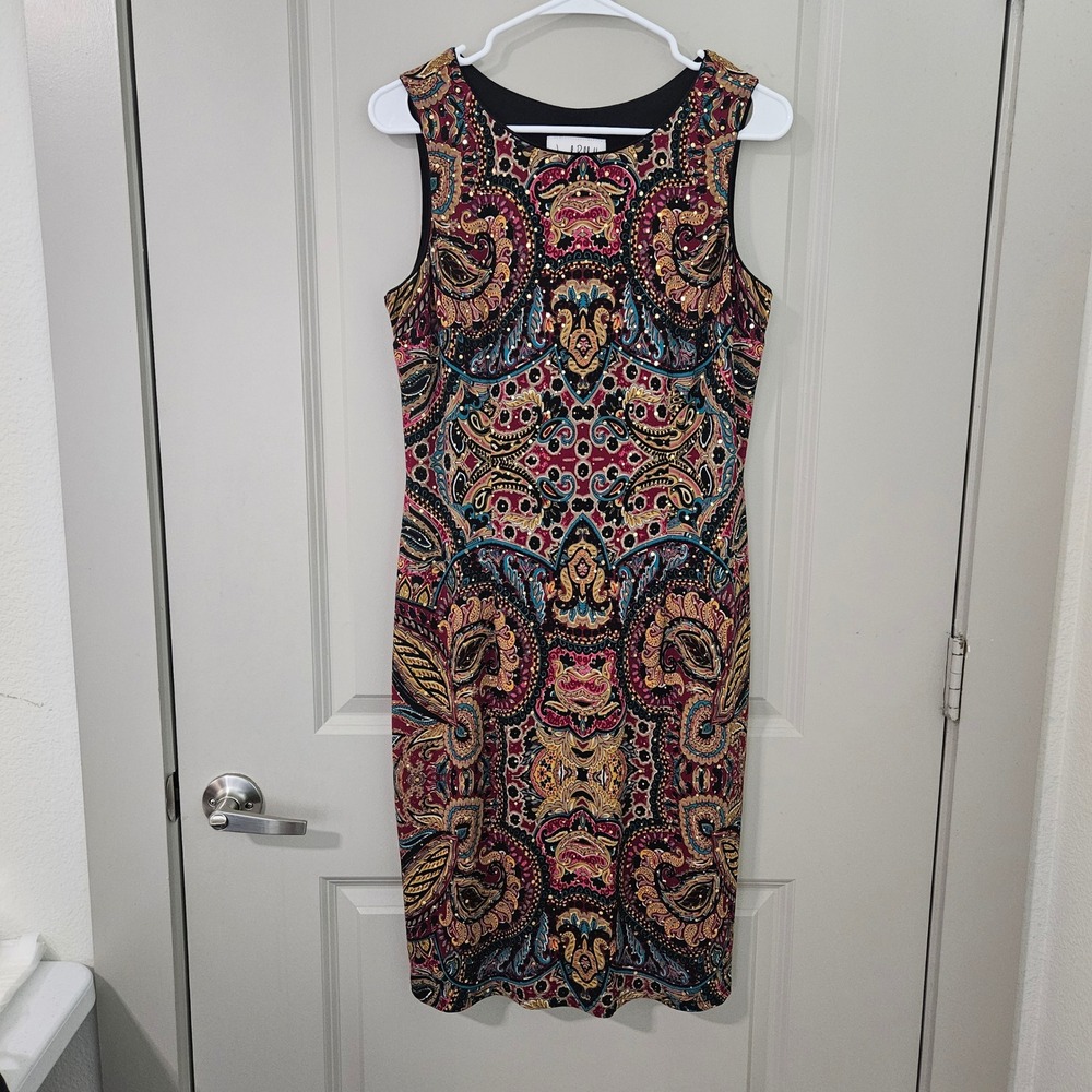 Joseph Ribkoff Paisley Sequin Sheath Dress Multi Color Sleeveless Size 12